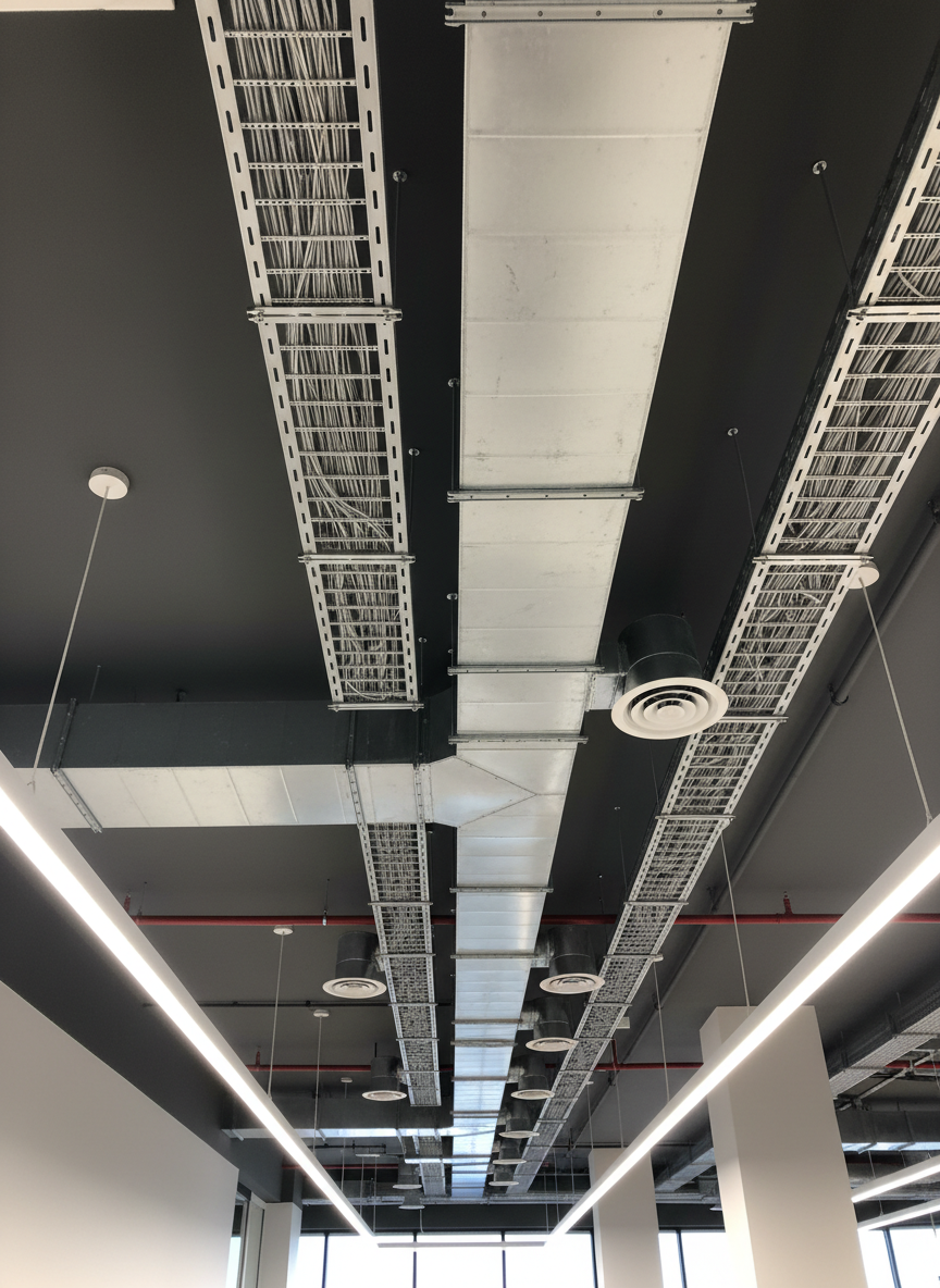 An ultra-clean, newly commissioned commercial air distribution system running through an exposed ceiling of a contemporary office interior. Rectangular galvanized steel ducts with carefully mitered joints, round spiral ducts, and white linear slot diffusers are arranged in a disciplined, grid-like pattern against a matte charcoal ceiling deck. Cable trays and sprinkler lines are routed with similar precision, reinforcing the sense of organized engineering. Neutral pendant LED fixtures provide soft, uniform illumination, casting subtle highlights along the metal surfaces. Captured from a low-angle perspective looking upward, with strong linear perspective and sharp focus, the photographic image communicates order, performance, and a modern, design-conscious approach to HVAC integration in architecture.