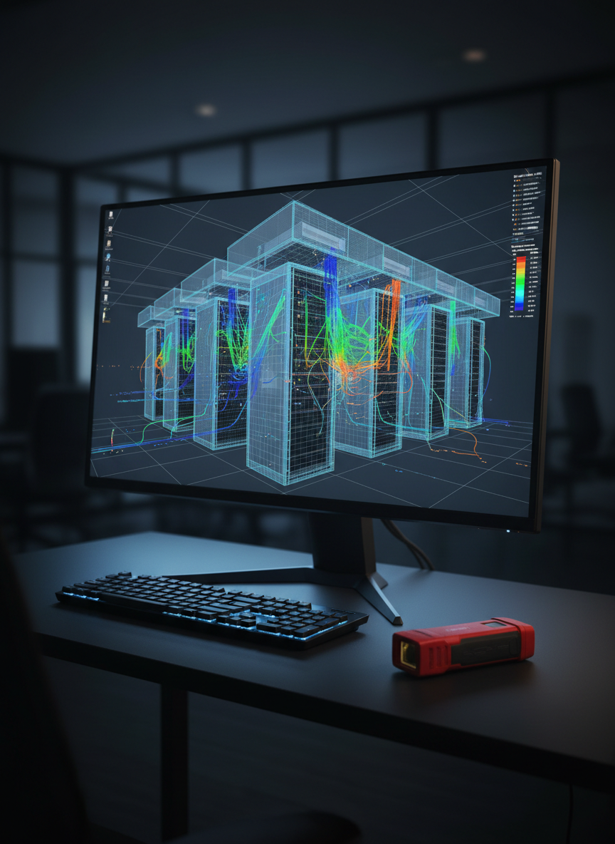 A dramatic, high-resolution CFD airflow analysis for a data center, filling the frame of a large desktop monitor on a dark, minimalist workstation. The visualization shows server racks and overhead containment with intricate airflow patterns rendered as semi-transparent ribbons and particle traces in blues, greens, and oranges, illustrating temperature and velocity gradients. The surrounding desk holds only a slim black keyboard and a precision laser distance meter, reinforcing a focused engineering environment. The scene is lit mainly by the monitor’s cool glow, with faint ambient light outlining the monitor edges and casting gentle reflections on the desk surface. Photographed from a three-quarter angle with moderate depth of field, the atmosphere is technical, cutting-edge, and intensely analytical, emphasizing CFD as a critical engineering service.