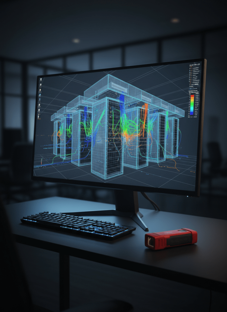A dramatic, high-resolution CFD airflow analysis for a data center, filling the frame of a large desktop monitor on a dark, minimalist workstation. The visualization shows server racks and overhead containment with intricate airflow patterns rendered as semi-transparent ribbons and particle traces in blues, greens, and oranges, illustrating temperature and velocity gradients. The surrounding desk holds only a slim black keyboard and a precision laser distance meter, reinforcing a focused engineering environment. The scene is lit mainly by the monitor’s cool glow, with faint ambient light outlining the monitor edges and casting gentle reflections on the desk surface. Photographed from a three-quarter angle with moderate depth of field, the atmosphere is technical, cutting-edge, and intensely analytical, emphasizing CFD as a critical engineering service.