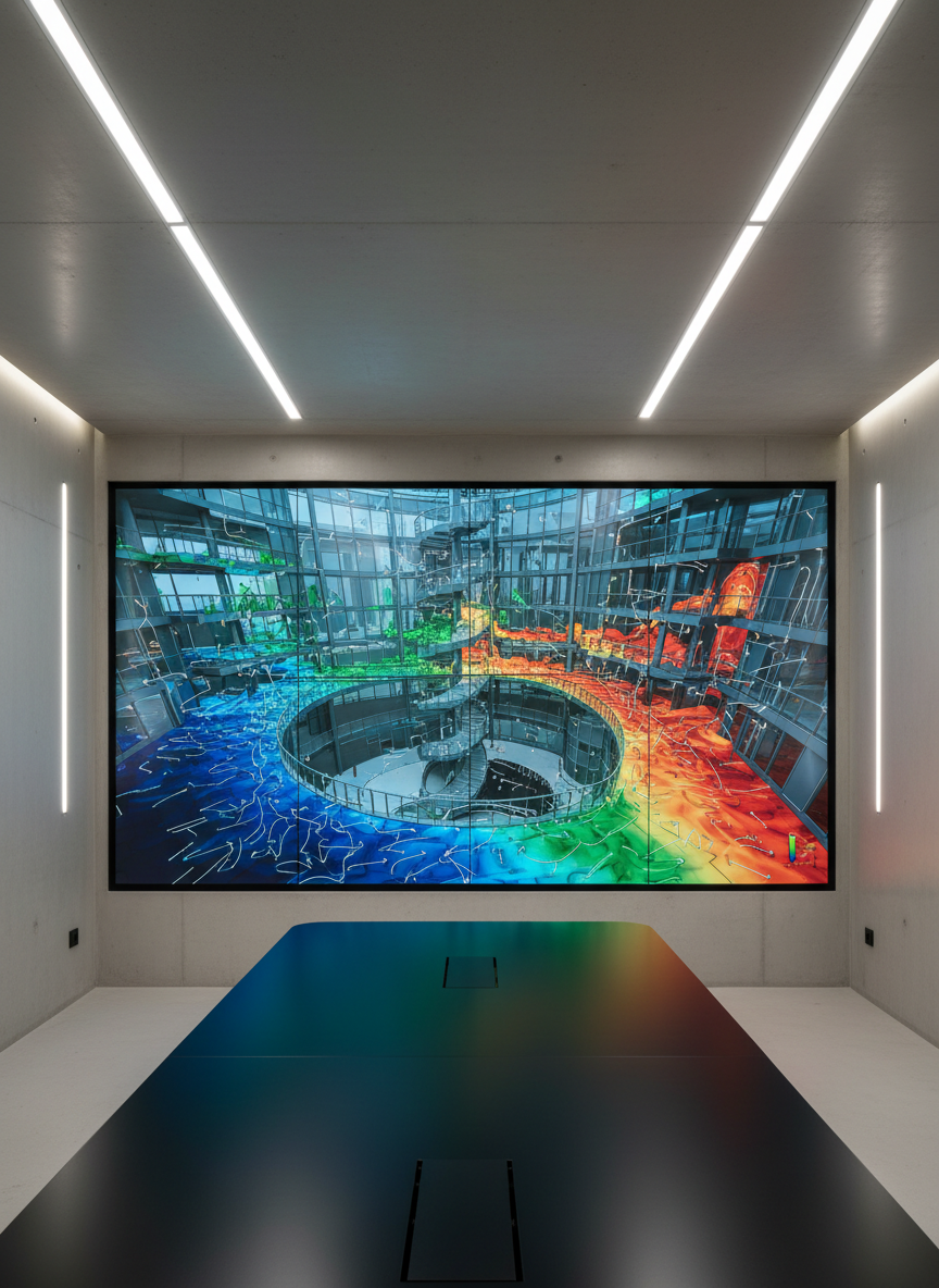 A high-tech CFD analysis visualization displayed on a large wall-mounted screen in a minimalist conference room. The screen shows a complex airflow simulation through a building atrium, with smooth gradient colors from cool blue to warm red indicating velocity and temperature variations, and fine arrow vectors tracing flow paths around geometrically detailed architectural elements. The room is finished in soft gray tones with a sleek black conference table beneath. Indirect ceiling LEDs and subtle wall washers create even, low-glare illumination, producing gentle reflections on the screen surface. Framed in a centered, eye-level photographic composition, the image feels focused, precise, and data-driven, conveying advanced engineering analysis and clear, confident decision-making.