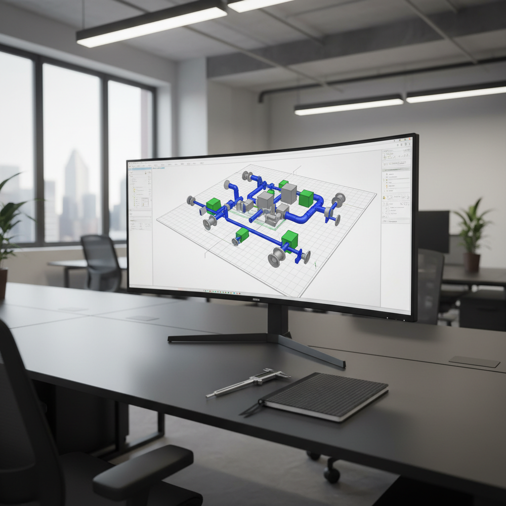 A bright, modern engineering office with a large ultra-wide monitor displaying a colorful 3D HVAC system model overlaid on an architectural floor plan. Detailed duct routes, VAV boxes, and diffusers are clearly visible in blue, green, and gray against a white interface. A matte-black workstation desk holds a closed technical notebook and a precise digital caliper. Soft daylight enters through a large window, complemented by neutral overhead LED panels, creating balanced, low-contrast lighting. Shot from a slightly elevated angle with shallow depth of field, the monitor and model are in crisp focus while the background blurs gently. The atmosphere is calm, analytical, and highly professional, with a photographic, clean, contemporary look suited to high-end engineering design work.