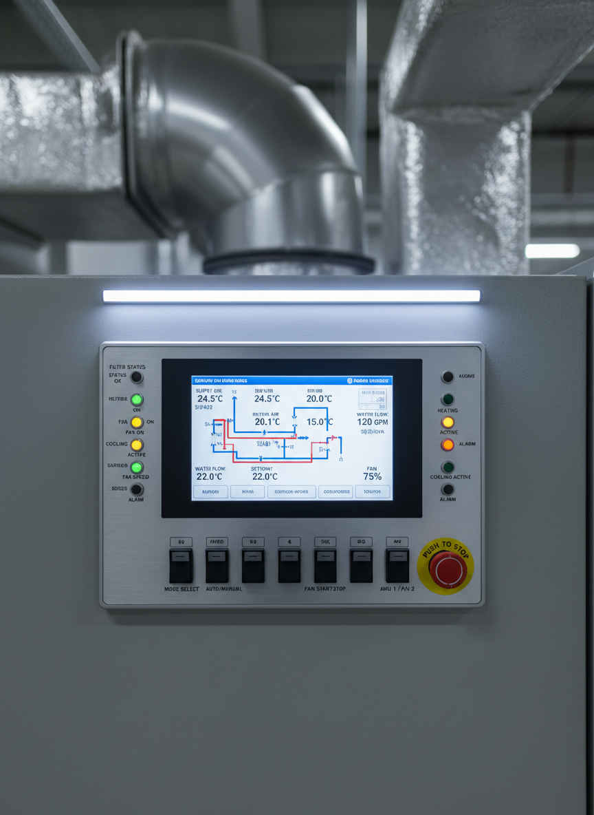A close-up, high-resolution photographic view of a sophisticated air handling unit control panel mounted on a smooth gray equipment casing. The panel features a bright touchscreen HMI displaying a detailed HVAC schematic with live temperatures, flows, and setpoints in precise typography, surrounded by neatly arranged indicator lights, labeled switches, and emergency stop buttons. Fine textures of brushed metal, matte plastic, and glass are clearly visible. Cool white LED lighting from above creates crisp reflections on the screen and subtle shadows around the controls, emphasizing depth and tactility. Shot straight-on with shallow depth of field isolating the panel from a softly blurred background of ductwork, the mood is confident and technical, highlighting commissioning, monitoring, and intelligent system control.
